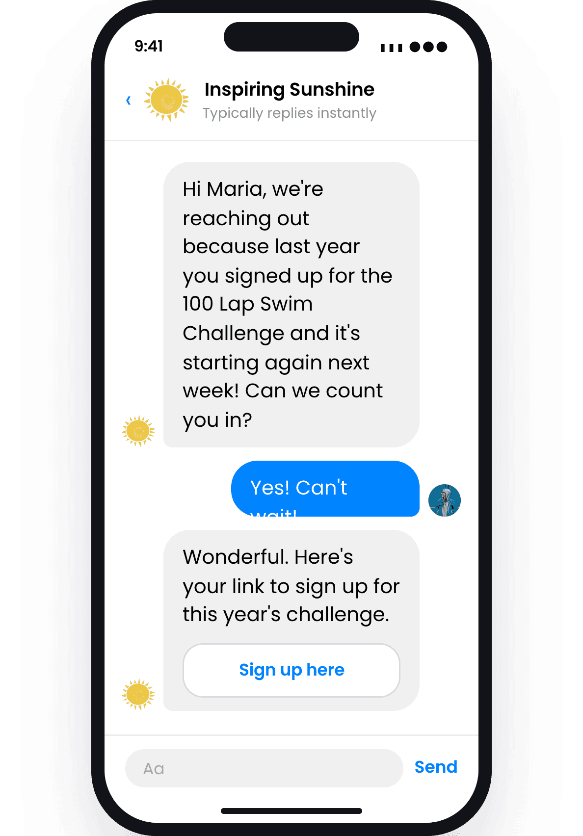 A personal Messenger journey inviting a past challenge participant to sign up for the next challenge.